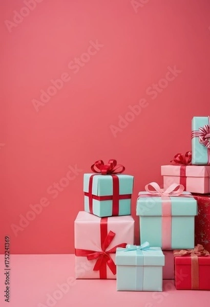 Fototapeta Blue gift boxes with orange ribbons and Christmas tree on red background, festive holiday decoration scene.