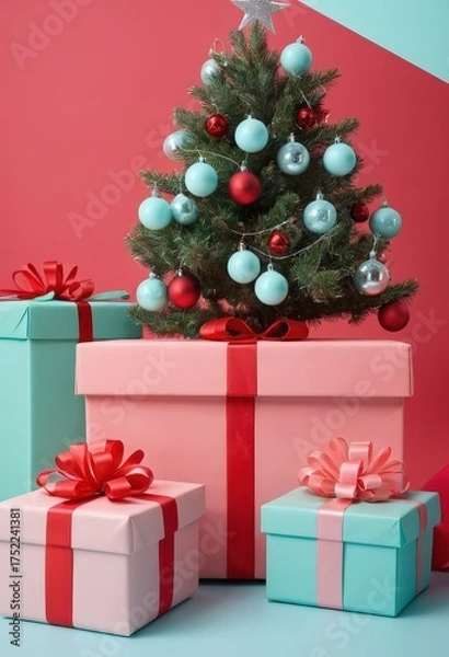 Obraz Blue gift boxes with orange ribbons and Christmas tree on red background, festive holiday decoration scene.