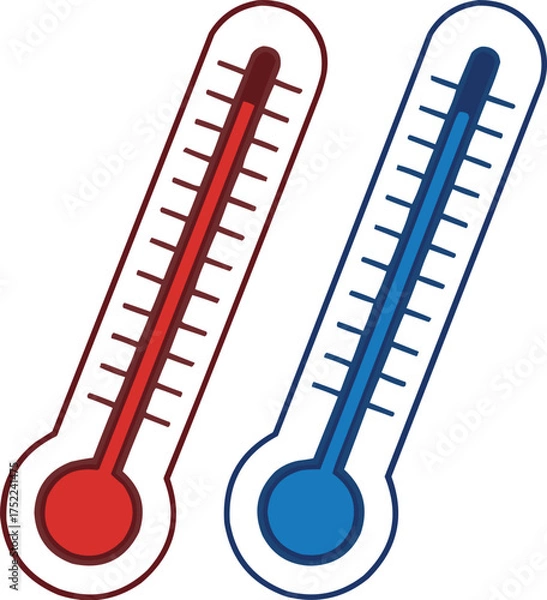 Fototapeta Red and blue glass thermometers show Celsius and Fahrenheit temperature measurement for hot and cold weather.