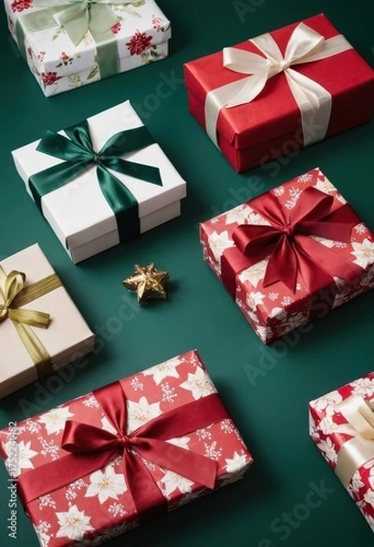 Obraz Christmas gift boxes with festive wrapping paper and satin ribbons on green background, holiday present decoration flat lay.