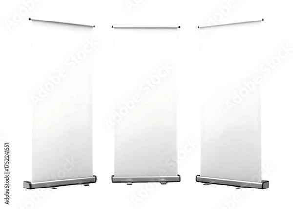 Obraz Three Blank White Roll Up Banner Stands for Promotional Advertising Display and Trade Show Events Realistic Vector Mockup Template