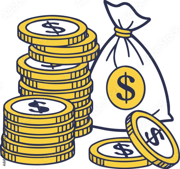 Fototapeta A golden bag of money with coins is a symbol of success in finance and investment.