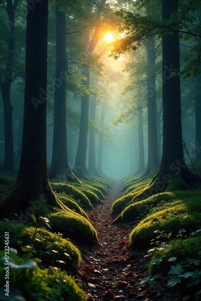 Fototapeta Tranquil Dawn Forest Soft Sunlight Filters Through Dense Canopy, Casting Long Shadows on Mossy Forest Floor