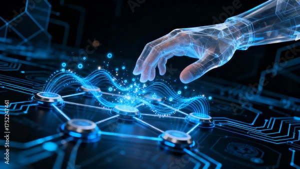 Obraz Abstract glowing blue network structure connected by a futuristic digital hand