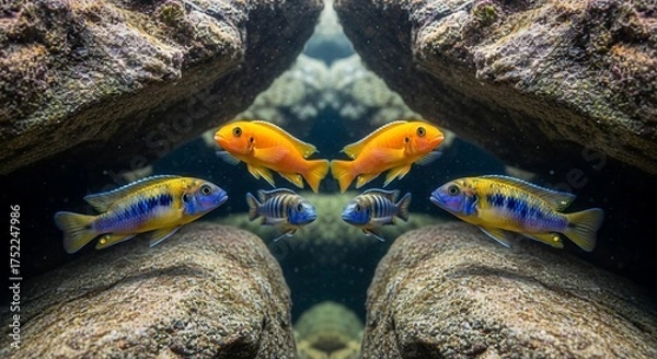 Obraz Vibrant African Cichlids Swimming Among Rocks in a Freshwater Aquarium.