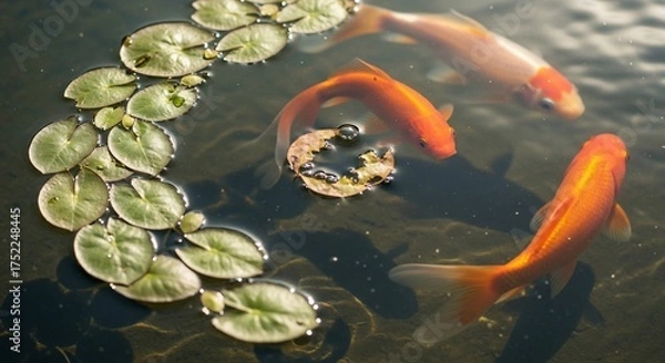 Obraz Vibrant Goldfish Swimming Gracefully Among Green Water Lilies in a Serene Pond.