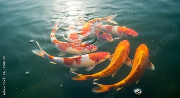 Obraz Vibrant Koi Fish Swimming Gracefully in a Clear Pond with Sunlight Reflections.