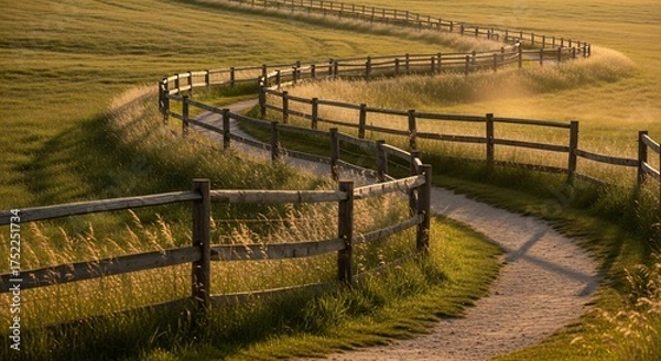 Obraz Winding Wooden Fence and Path Through a Golden Grassy Field at Sunset.