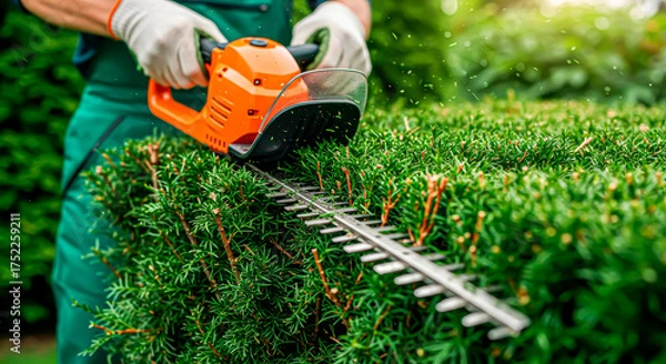Fototapeta Clean lines of the garden: a master at work with a hedge trimmer