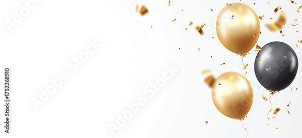 Fototapeta Black and gold balloons with confetti and ribbons 