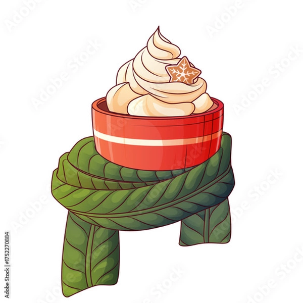 Obraz Vector warm cup with whipped cream wrapped in green knitted scarf. Cozy winter illustration symbolizing comfort, warmth, and holiday season mood.