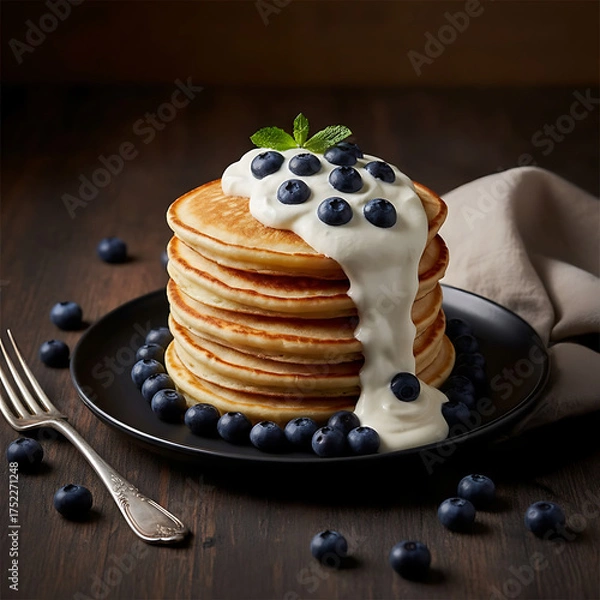 Fototapeta Stack of fluffy pancakes on a black plate, drizzled with white chocolate and topped with fresh blueberries