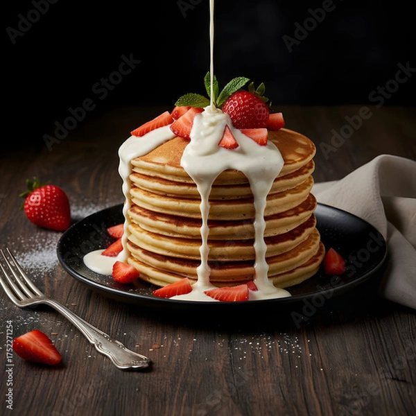Fototapeta Stack of fluffy pancakes on a black plate, drizzled with white chocolate and topped with fresh strawberries