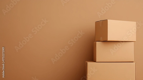 Fototapeta Stacked Boxes:  A pile of three cardboard boxes sits against a neutral backdrop, suggesting moving, storage, or delivery services. The setup is minimal.