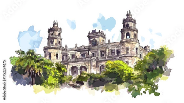 Fototapeta Chapultepec Castle. Chapultepec Castle hand drawn watercolor illustration