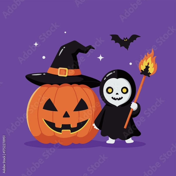 Obraz Cute Grim Reaper with Pumpkin Halloween Vector