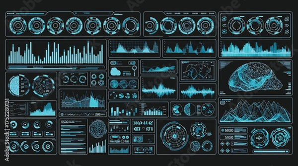 Obraz Vector art of advanced hud interface elements featuring graphs, charts, and data streams, representing cuttingedge technology and complex information processing systems