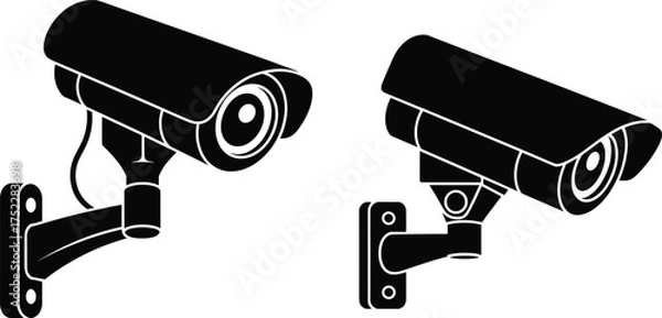Fototapeta Black silhouette CCTV security cameras illustration, modern surveillance system icons for monitoring, safety, protection, wall mount, digital security concept.