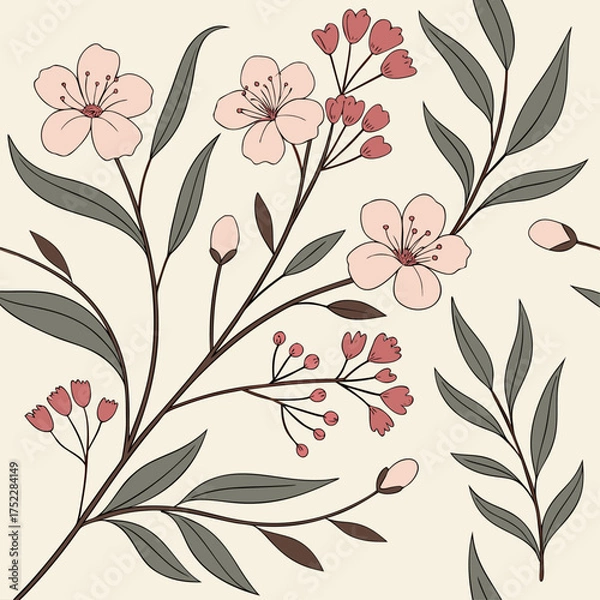 Fototapeta Seamless pattern of wildflowers and leaves in pastel color palette