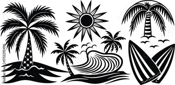 Fototapeta Tropical Surf and Sun Vector Illustration Set with Beach Quotes like "Make Waves", "Good Vibes Only", "Paradise Beach Club" – Summer T-Shirt Print Design Elements