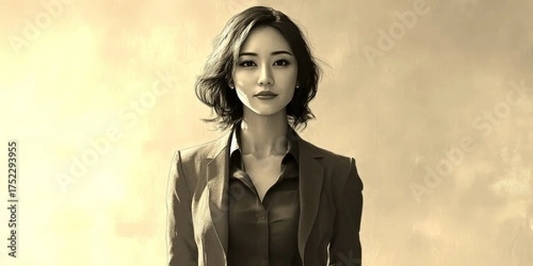 Fototapeta Confident woman in a blazer stands against a softly blurred background during daylight