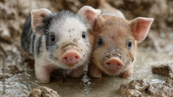 Fototapeta Cute piglets playing in a muddy puddle on a farm during a rainy day near a barn