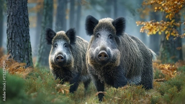 Fototapeta Two wild boars foraging in a misty forest during early morning hours with autumn foliage