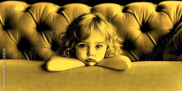 Fototapeta Child resting on couch with a thoughtful expression indoors, showcasing a moment of contemplation and innocence