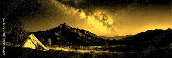Fototapeta Camping under a starry sky with a view of the Milky Way near rugged mountains during the night