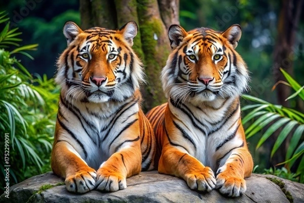 Obraz A fierce Siberian tiger with bold stripes stares out in a close-up portrait displaying the intense eyes of this magnificent wild feline predator