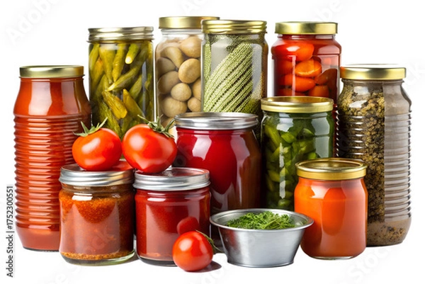 Obraz Homemade preserved food in glass jars, including pickled vegetables and canned red tomatoes