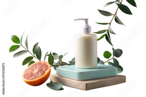 Obraz A tranquil spa still life featuring body care products, bamboo, a towel, and a glass of fresh green juice