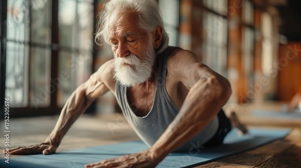 Fototapeta Elderly Man Performing Yoga Exercise on Mat in Bright Studio