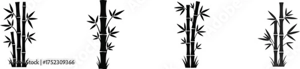 Fototapeta Four stylized bamboo stalks with delicate leaves in a simple black and white graphic style suitable for decorative accents silhouette
