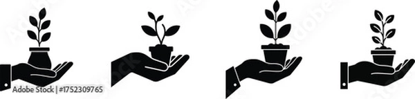Fototapeta Four hands gently holding potted saplings symbolizing care growth and new beginnings sustainable development and environmental protection concepts silhouette