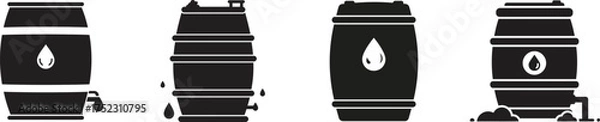 Fototapeta Collection of stylized dark industrial barrels with liquid symbols signifying storage of oil water or other liquids in a flat icon design silhouette