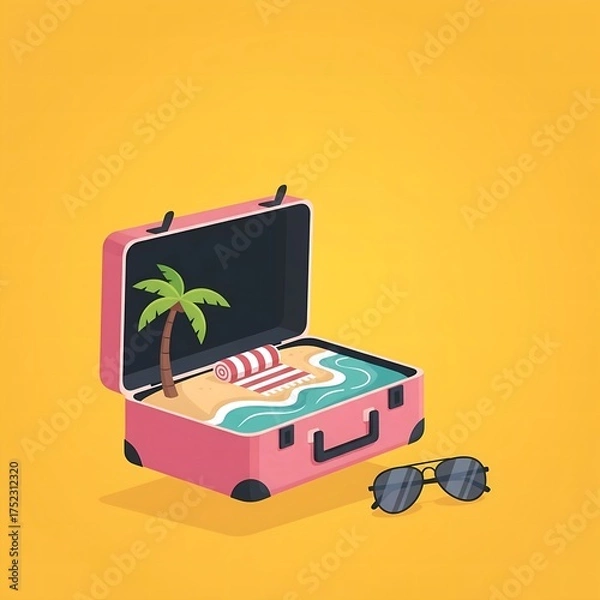 Obraz Suitcase Whimsical Illustration Travel Beach Vacation Concept on Yellow Background