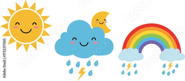 Fototapeta Cute cloud and moon with rainbow cartoon vector illustration