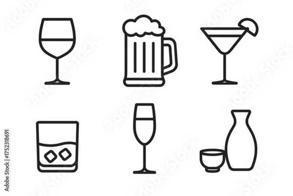 Fototapeta Minimalist icons of various alcoholic drinks: wine, beer, cocktail, whiskey, champagne, sake