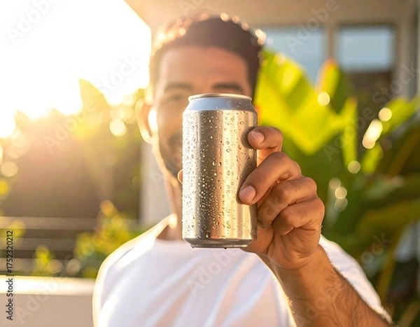 Obraz Man holding a cold, refreshing beverage can outdoors during a beautiful golden hour sunset
