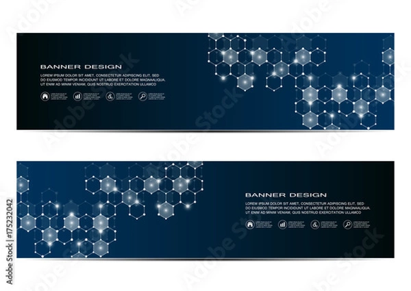 Fototapeta Abstract banner design, dna molecule structure background. Geometric graphics and connected lines with dots. Scientific and technological concept, vector illustration.