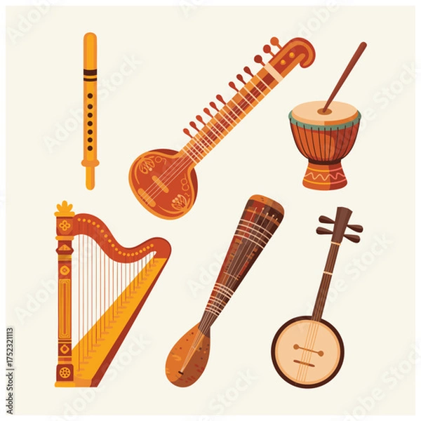 Fototapeta A set of flat vector illustrations of classic and ethnic musical instruments.