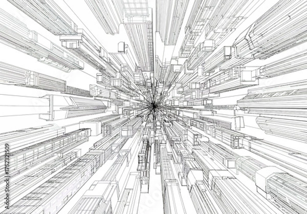 Fototapeta Abstract Architectural Wireframe Perspective of a Futuristic Cityscape.