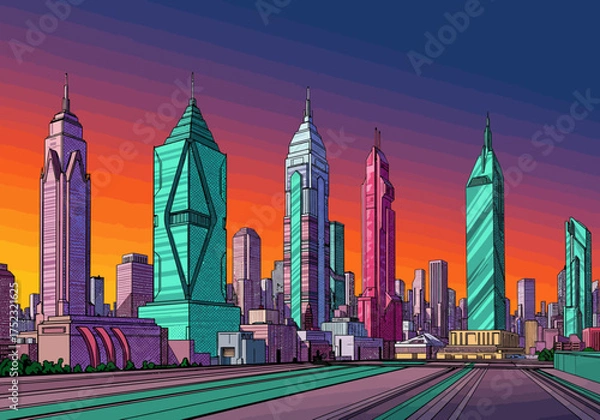 Obraz Colorful Cityscape Illustration with Modern Architecture and Vibrant Sky.