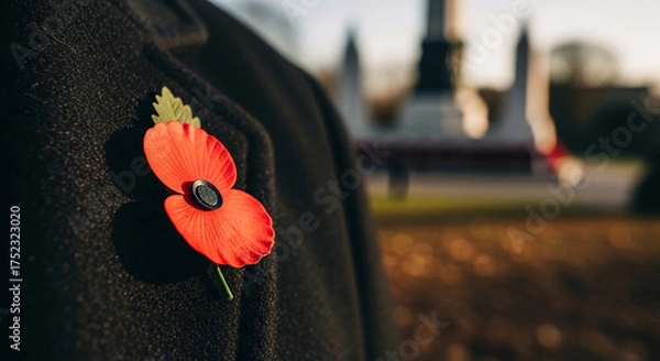 Fototapeta Closeup of a poppy on a coat lapel for remembrance day commemoration