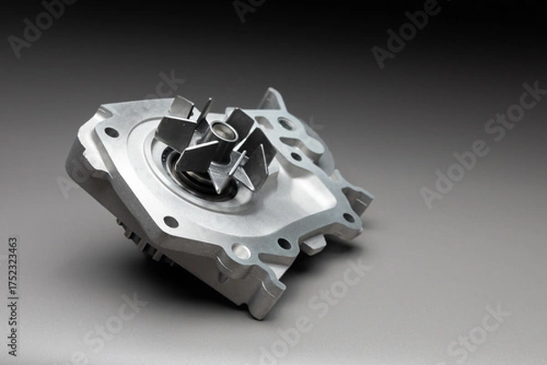 Fototapeta A new, shiny aluminum engine coolant pump on a gray gradient background. Contrast backlighting.