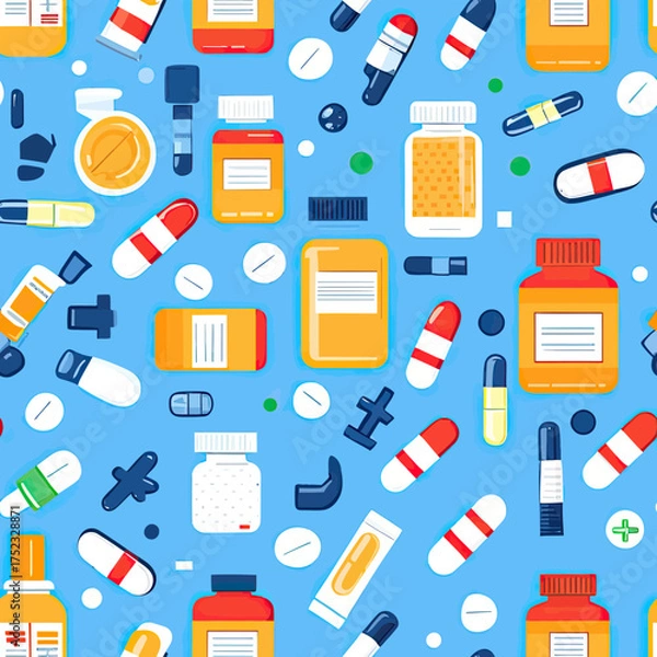 Fototapeta Seamless pattern of various medicine bottles capsules tablets pills nasal spray and inhalers on light blue background vector illustration flat style