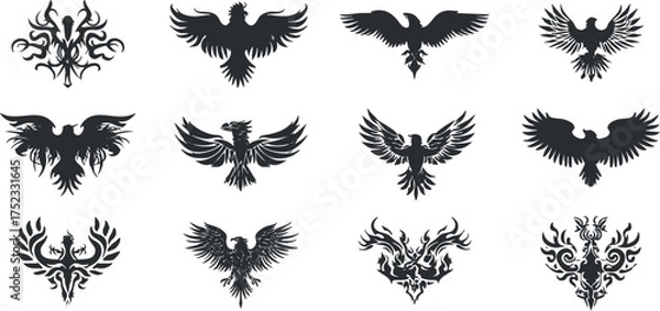 Fototapeta Collection of black phoenix tattoo designs with various wing and feather patterns in silhouette style.