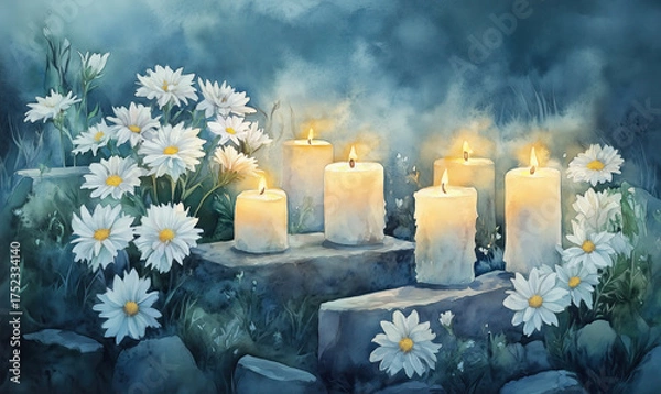 Obraz Digital painting of luminous clouds and ascending human silhouettes symbolizing prayers for departed souls on All Souls Day. Peaceful celestial concept for reflection and remembrance.