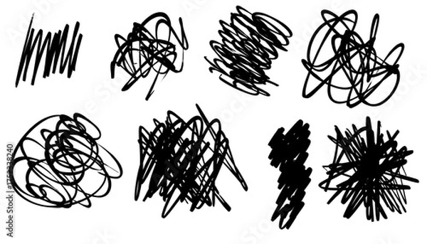 Obraz Set of black hand-drawn scribbles isolated on transparent background. Abstract messy sketch lines and doodle elements for design, note, highlight, or creative decoration. PNG